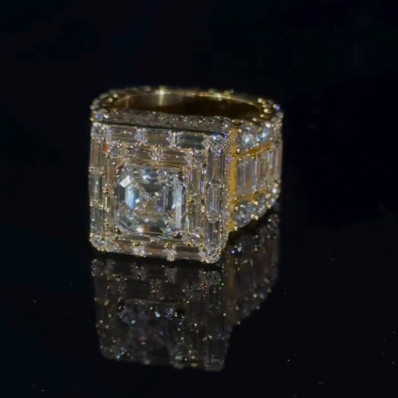 5ct Asscher Cut With 13ct Side Stones White Sapphire Yellow Gold Men's Ring
