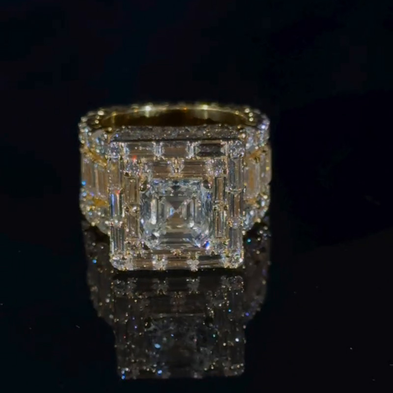 5ct Asscher Cut With 13ct Side Stones White Sapphire Yellow Gold Men's Ring