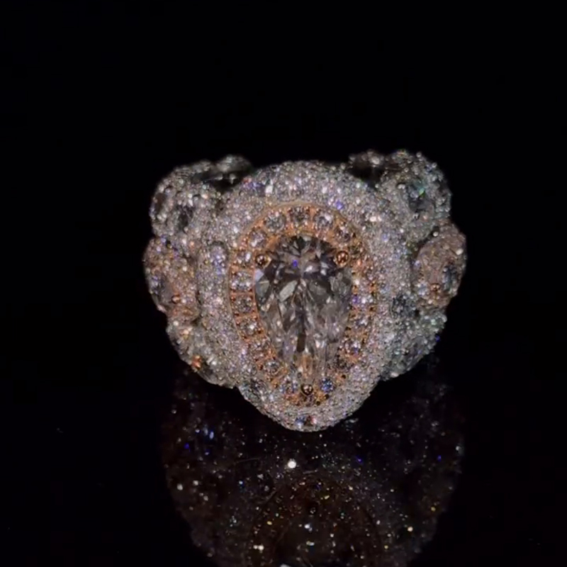 5ct Pear Cut With 12ct Side Stones Halo Pave Set Handmade Men's Rings