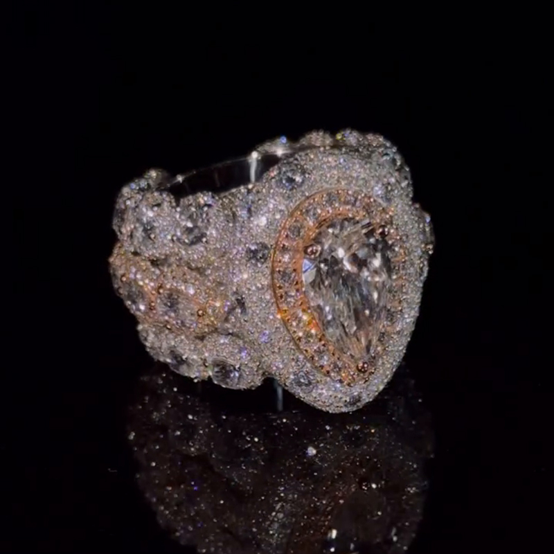 5ct Pear Cut With 12ct Side Stones Halo Pave Set Handmade Men's Rings