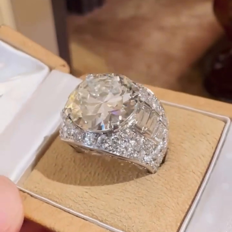 10ct Round Cut White Sapphire With Baguette Cut Side Stones Handmade Engagement Ring
