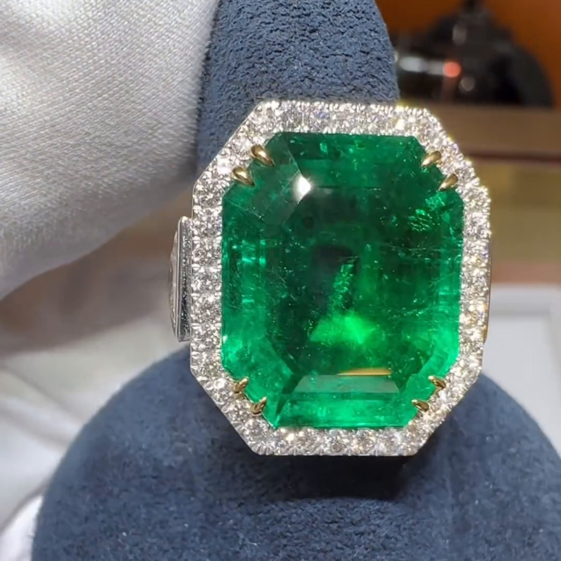 13ct Asscher Cut Emerald Halo Pave Set Vintage Handmade Men's Ring