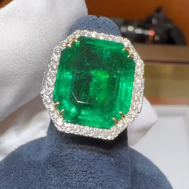 13ct Asscher Cut Emerald Halo Pave Set Vintage Handmade Men's Ring