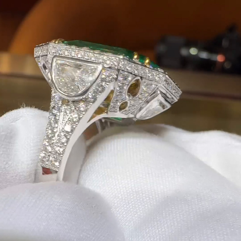 13ct Asscher Cut Emerald Halo Pave Set Vintage Handmade Men's Ring