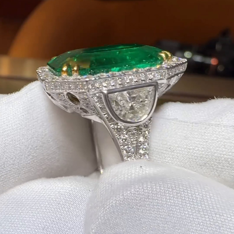 13ct Asscher Cut Emerald Halo Pave Set Vintage Handmade Men's Ring