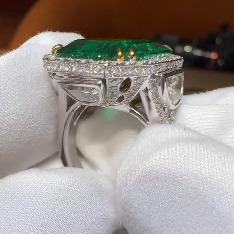 13ct Asscher Cut Emerald Halo Pave Set Vintage Handmade Men's Ring