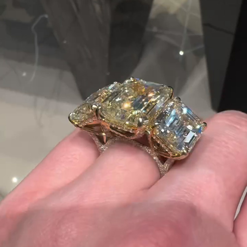 19ct Emerald Cut White Sapphire Three Stone Handmade Luxury Men's Ring