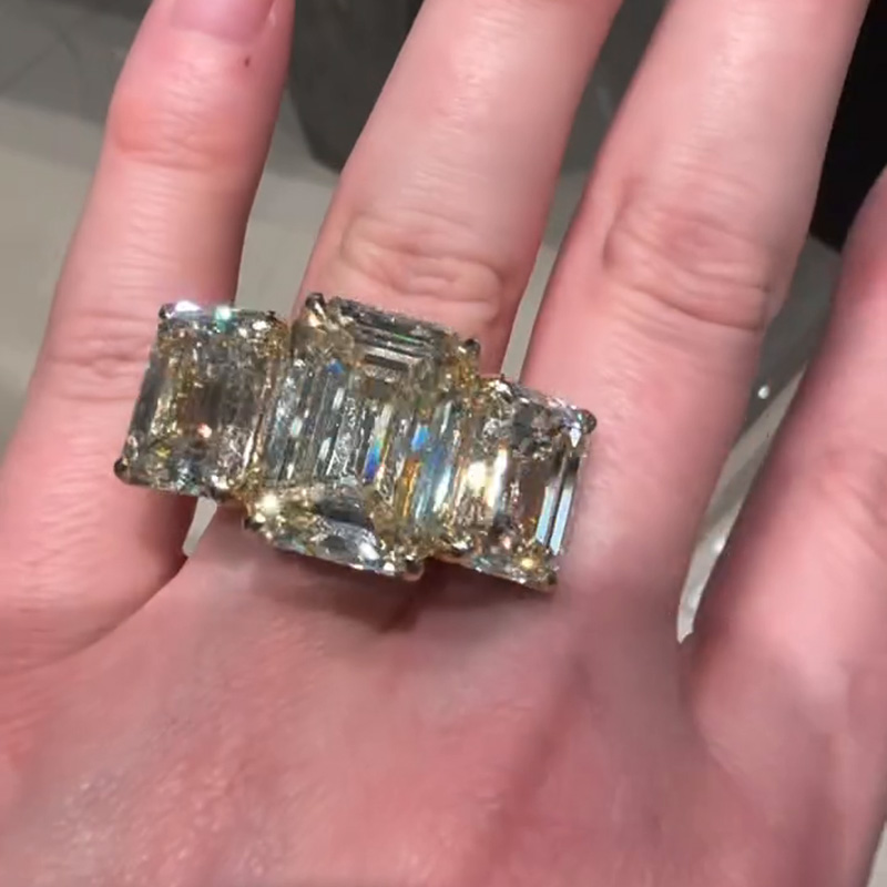19ct Emerald Cut White Sapphire Three Stone Handmade Luxury Men's Ring