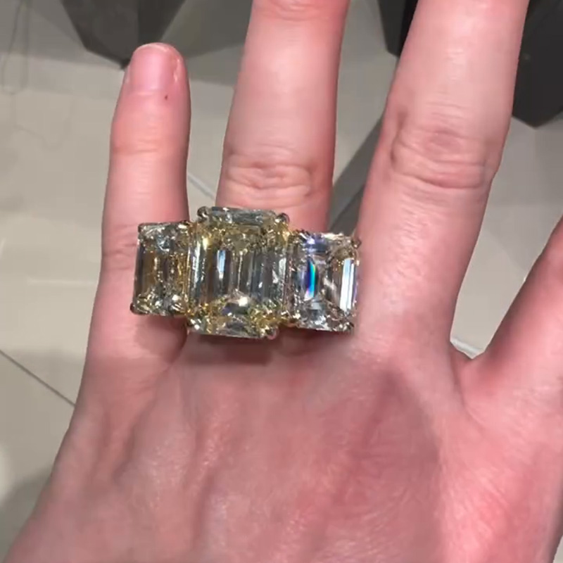19ct Emerald Cut White Sapphire Three Stone Handmade Luxury Men's Ring
