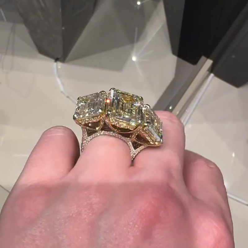 19ct Emerald Cut White Sapphire Three Stone Handmade Luxury Men's Ring
