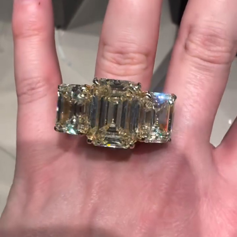 19ct Emerald Cut White Sapphire Three Stone Handmade Luxury Men's Ring