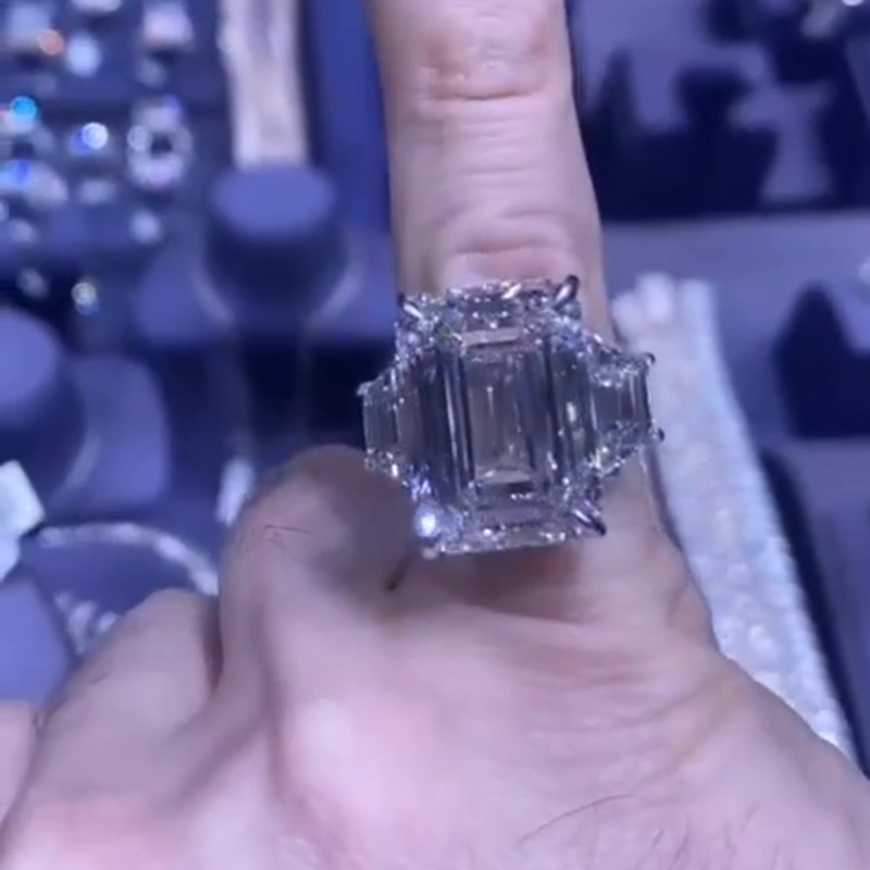 15ct Emerald Cut White Sapphire With 2.7ct Side Stones Handmade Men's Ring