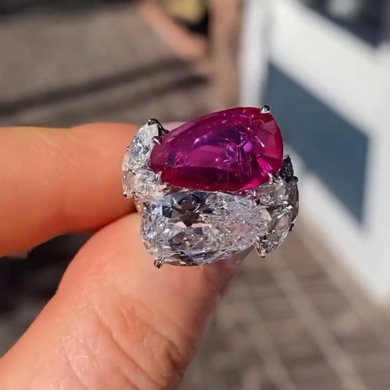6ct Pear Cut Ruby & White Sapphire Toi Et Moi Double Stone Ring