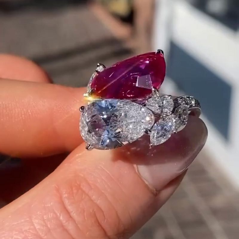 6ct Pear Cut Ruby & White Sapphire Toi Et Moi Double Stone Ring