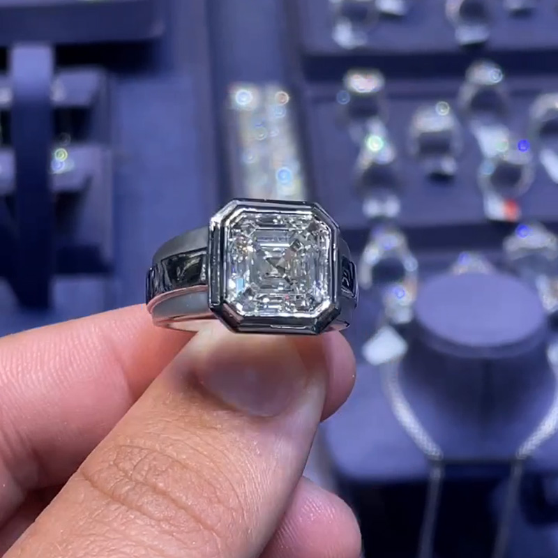 4.5ct Asscher Cut White Sapphire Handmade Sterling Silver Simple Men's Ring