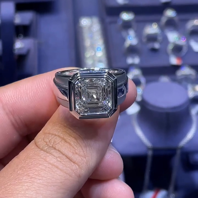 4.5ct Asscher Cut White Sapphire Handmade Sterling Silver Simple Men's Ring