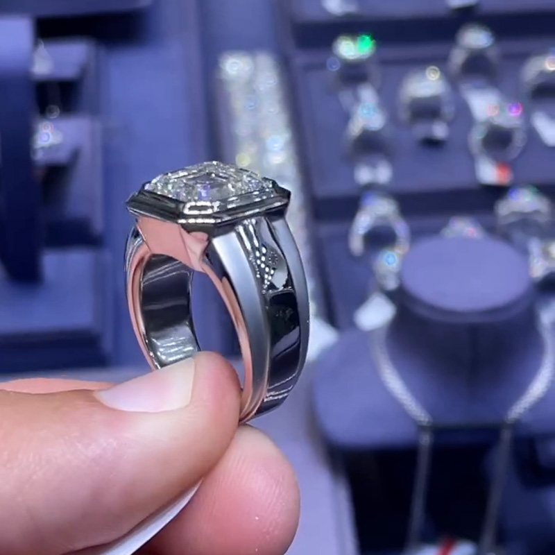 4.5ct Asscher Cut White Sapphire Handmade Sterling Silver Simple Men's Ring