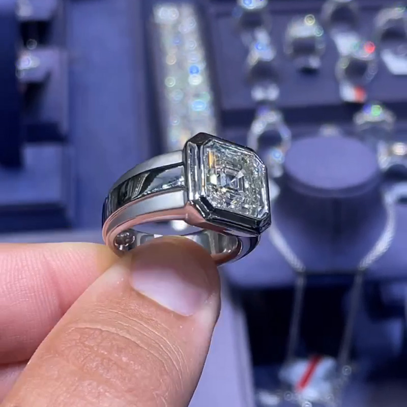 4.5ct Asscher Cut White Sapphire Handmade Sterling Silver Simple Men's Ring