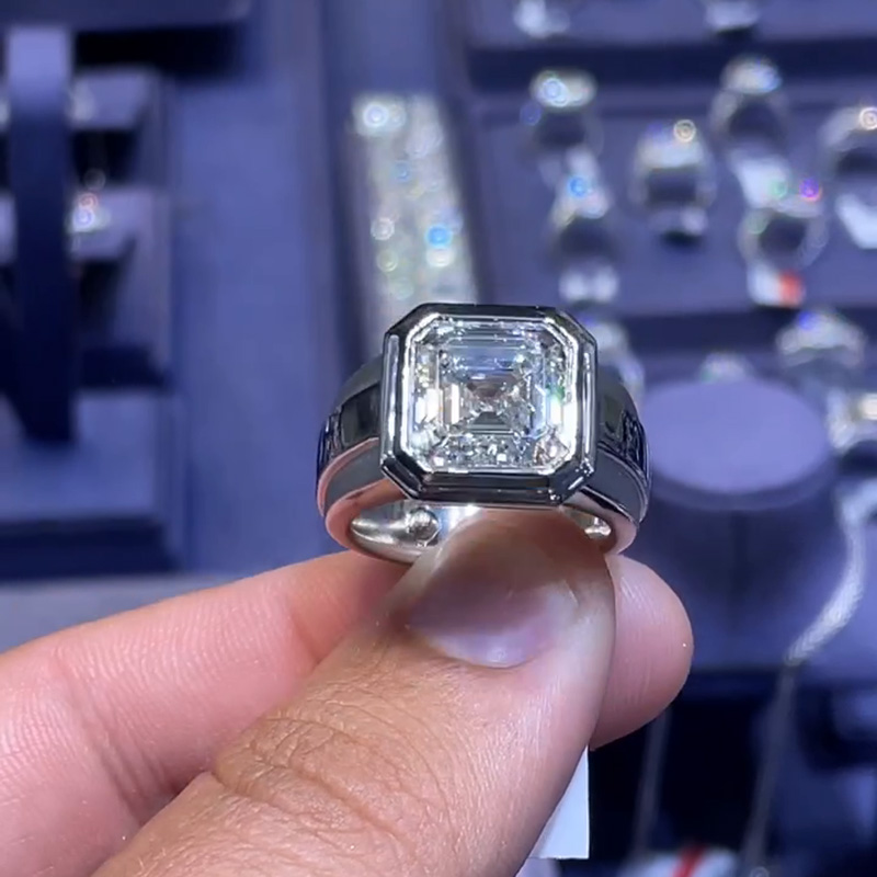 4.5ct Asscher Cut White Sapphire Handmade Sterling Silver Simple Men's Ring