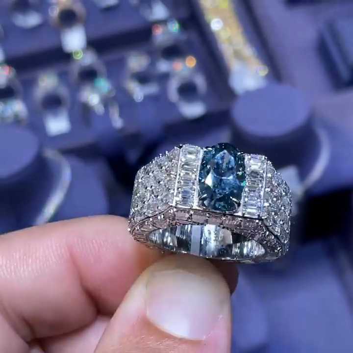 2.5ct Oval Cut Blue Sapphire Full Set Handmade Men's Ring