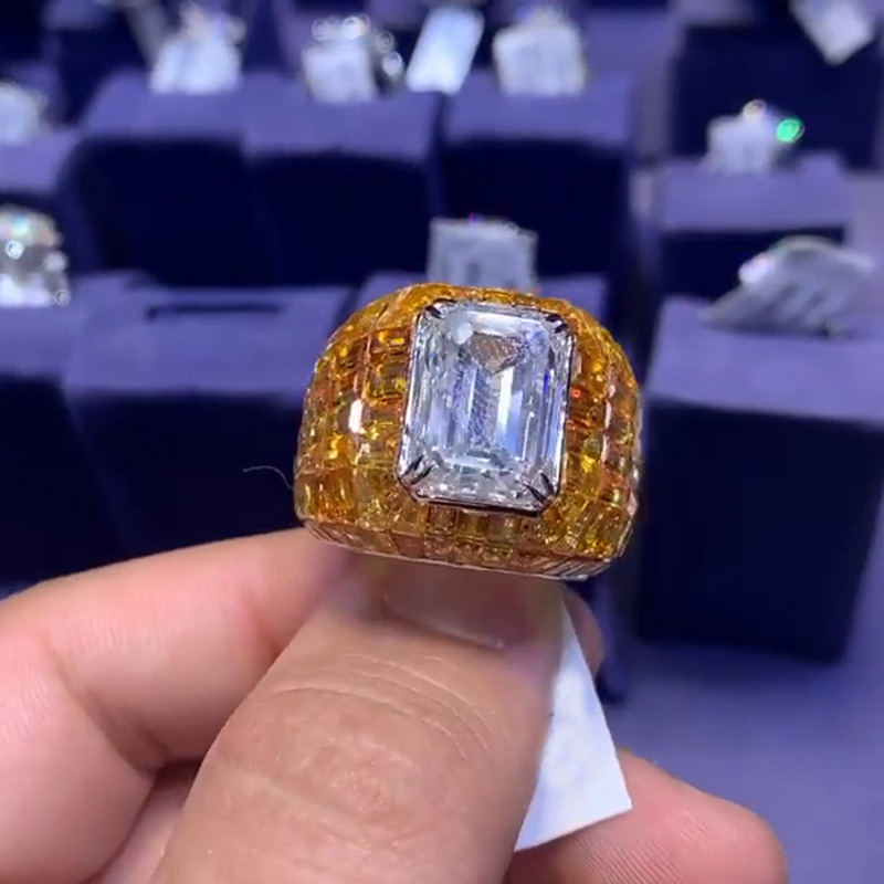 11ct Emerald Cut White Sapphire With Invisible Orange Sapphires Setting Handmade Men's Ring