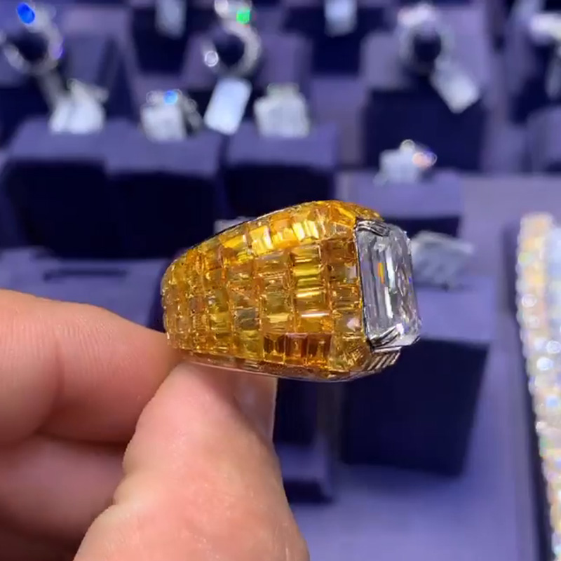 11ct Emerald Cut White Sapphire With Invisible Orange Sapphires Setting Handmade Men's Ring