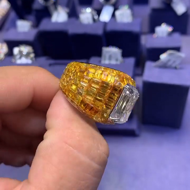 11ct Emerald Cut White Sapphire With Invisible Orange Sapphires Setting Handmade Men's Ring