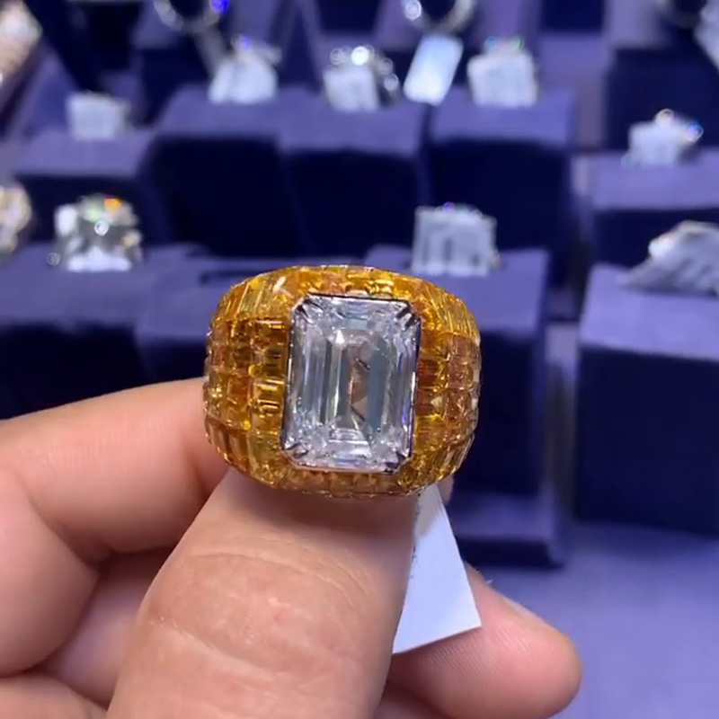 11ct Emerald Cut White Sapphire With Invisible Orange Sapphires Setting Handmade Men's Ring