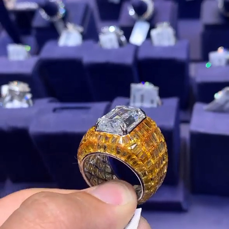 11ct Emerald Cut White Sapphire With Invisible Orange Sapphires Setting Handmade Men's Ring