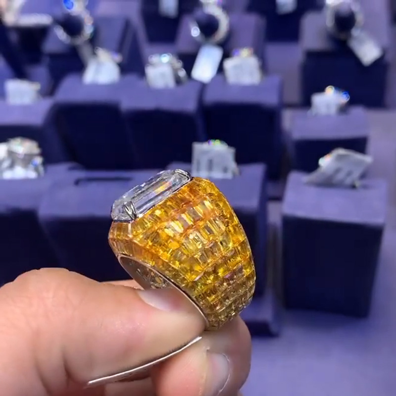 11ct Emerald Cut White Sapphire With Invisible Orange Sapphires Setting Handmade Men's Ring