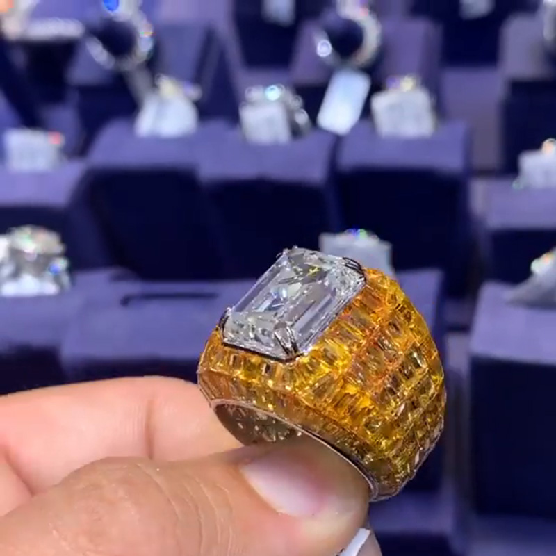 11ct Emerald Cut White Sapphire With Invisible Orange Sapphires Setting Handmade Men's Ring