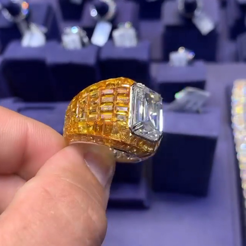 11ct Emerald Cut White Sapphire With Invisible Orange Sapphires Setting Handmade Men's Ring