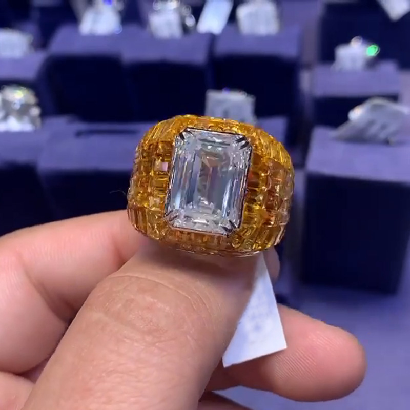 11ct Emerald Cut White Sapphire With Invisible Orange Sapphires Setting Handmade Men's Ring