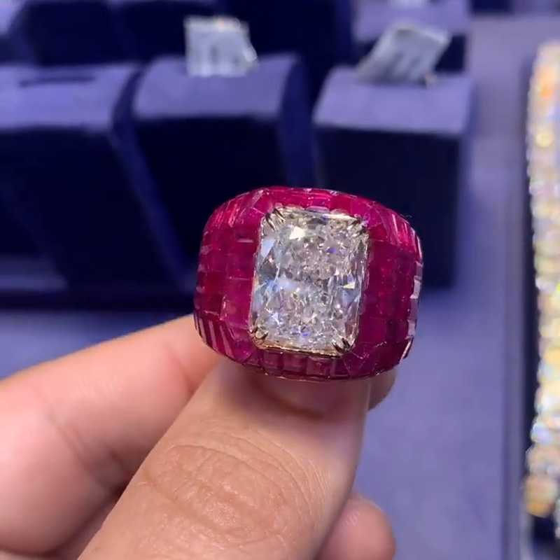 12ct Radiant Cut White Sapphire With Invisible Rubies Setting Super Man Handmade Men's Ring