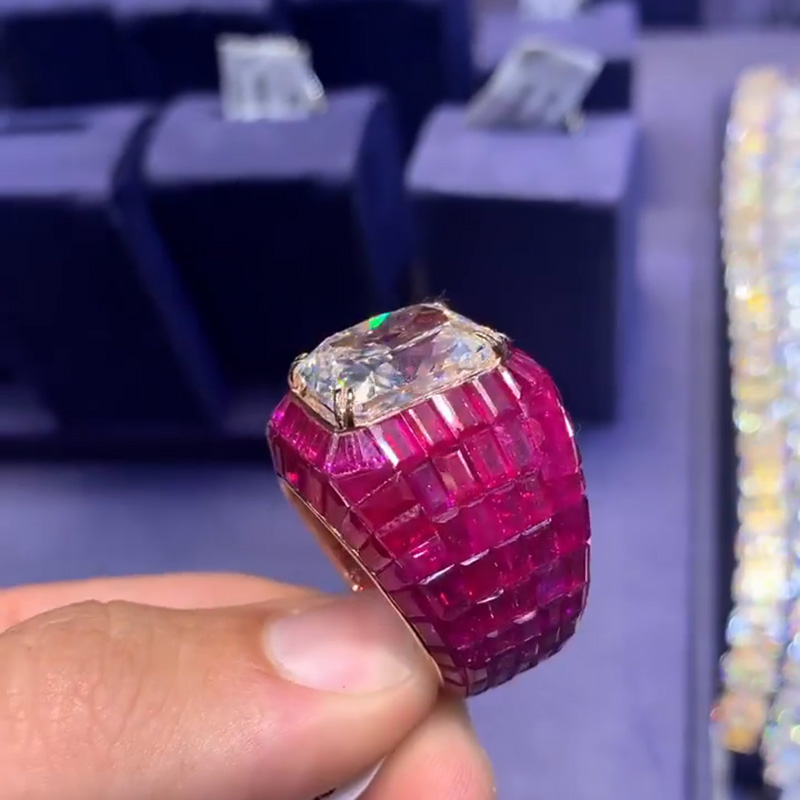 12ct Radiant Cut White Sapphire With Invisible Rubies Setting Super Man Handmade Men's Ring