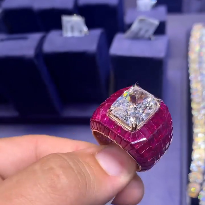 12ct Radiant Cut White Sapphire With Invisible Rubies Setting Super Man Handmade Men's Ring