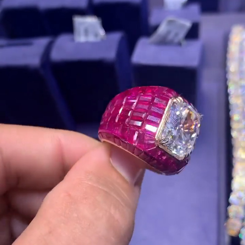 12ct Radiant Cut White Sapphire With Invisible Rubies Setting Super Man Handmade Men's Ring