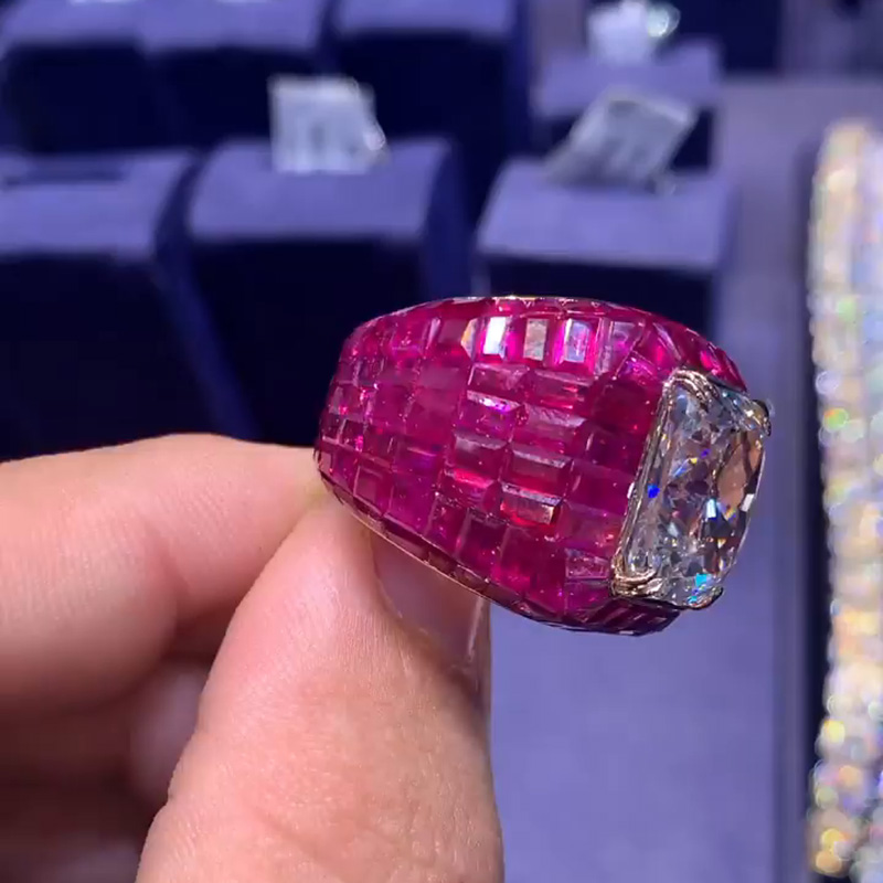 12ct Radiant Cut White Sapphire With Invisible Rubies Setting Super Man Handmade Men's Ring