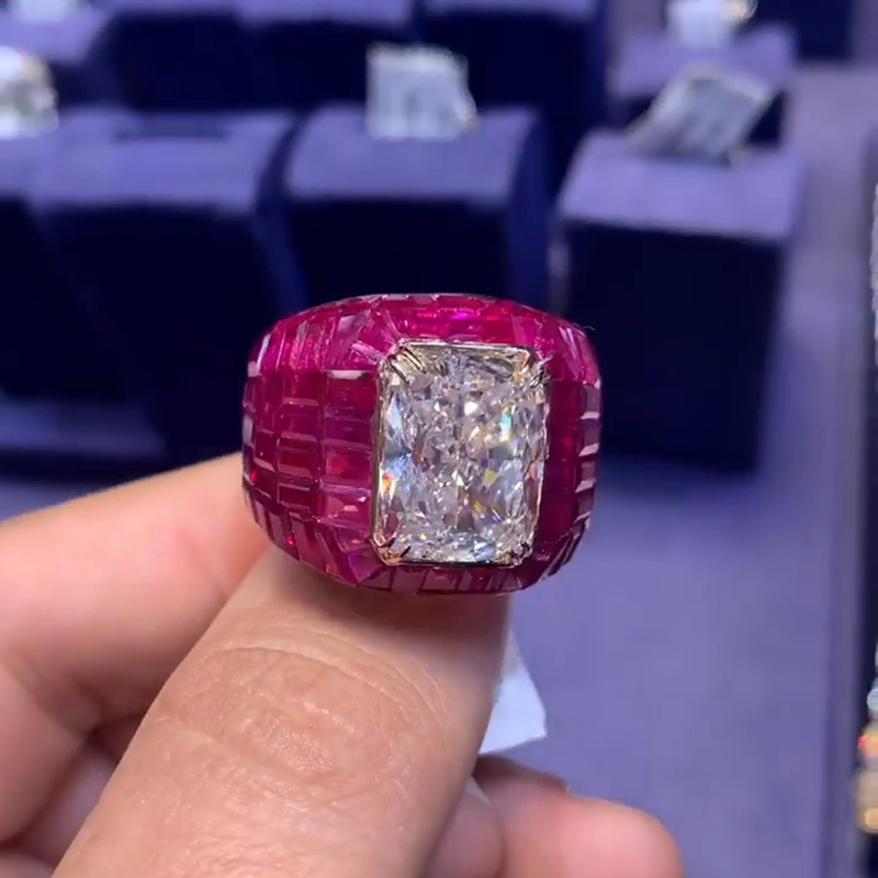 12ct Radiant Cut White Sapphire With Invisible Rubies Setting Super Man Handmade Men's Ring