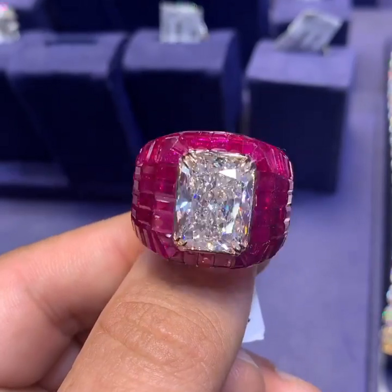 12ct Radiant Cut White Sapphire With Invisible Rubies Setting Super Man Handmade Men's Ring