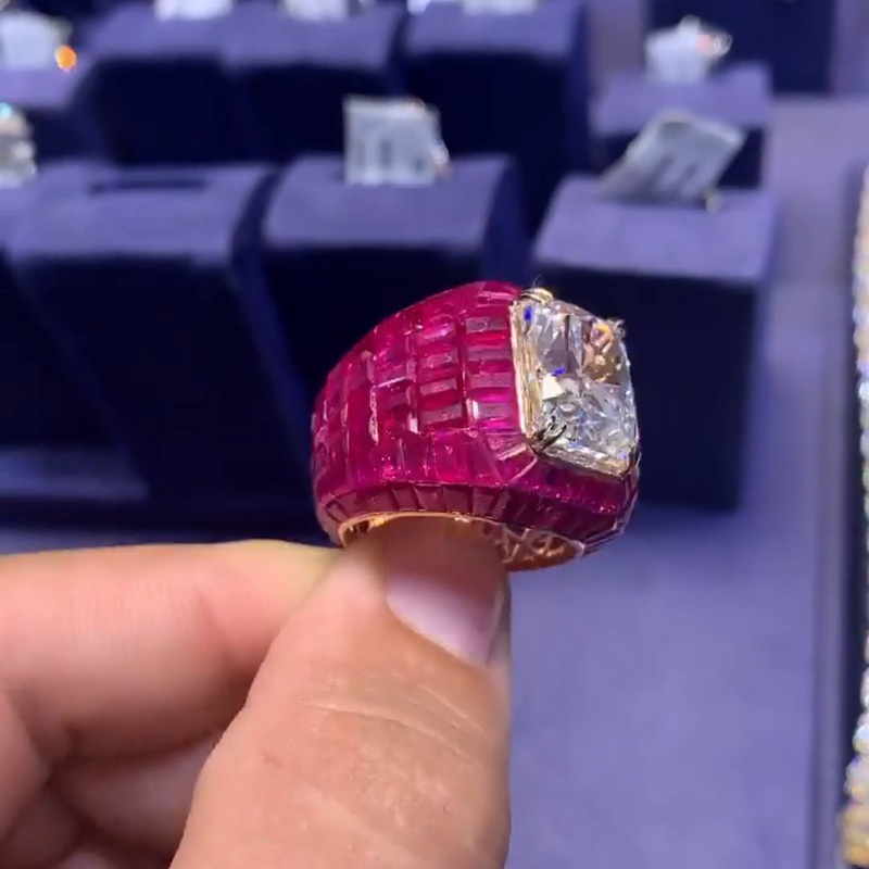 12ct Radiant Cut White Sapphire With Invisible Rubies Setting Super Man Handmade Men's Ring