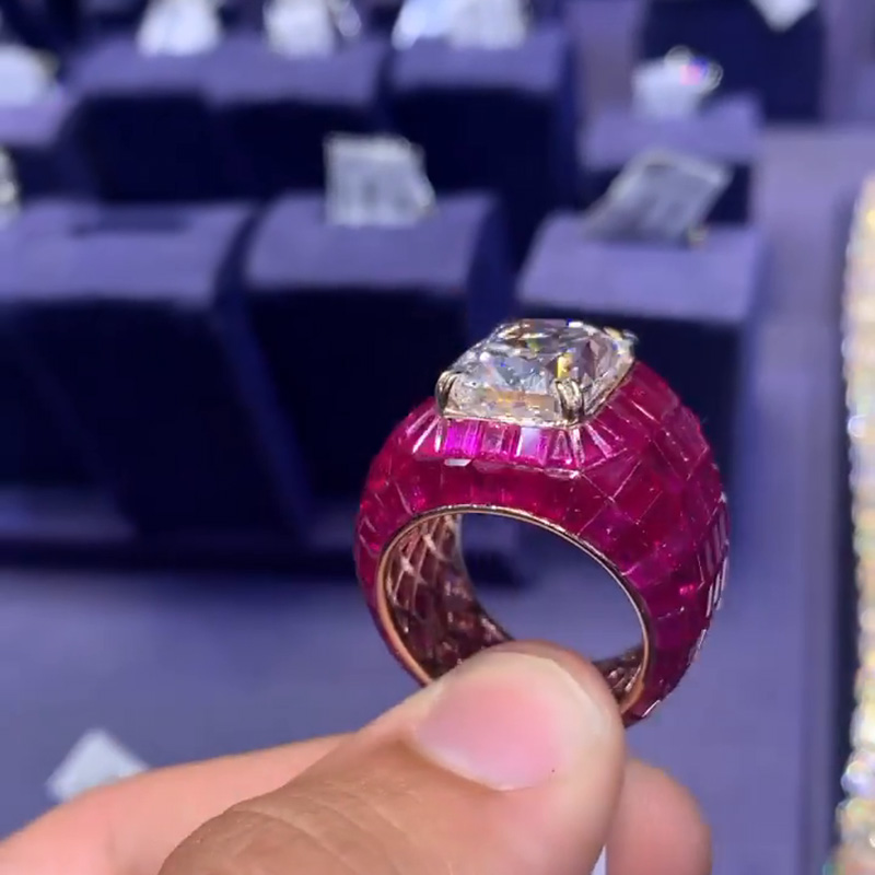 12ct Radiant Cut White Sapphire With Invisible Rubies Setting Super Man Handmade Men's Ring