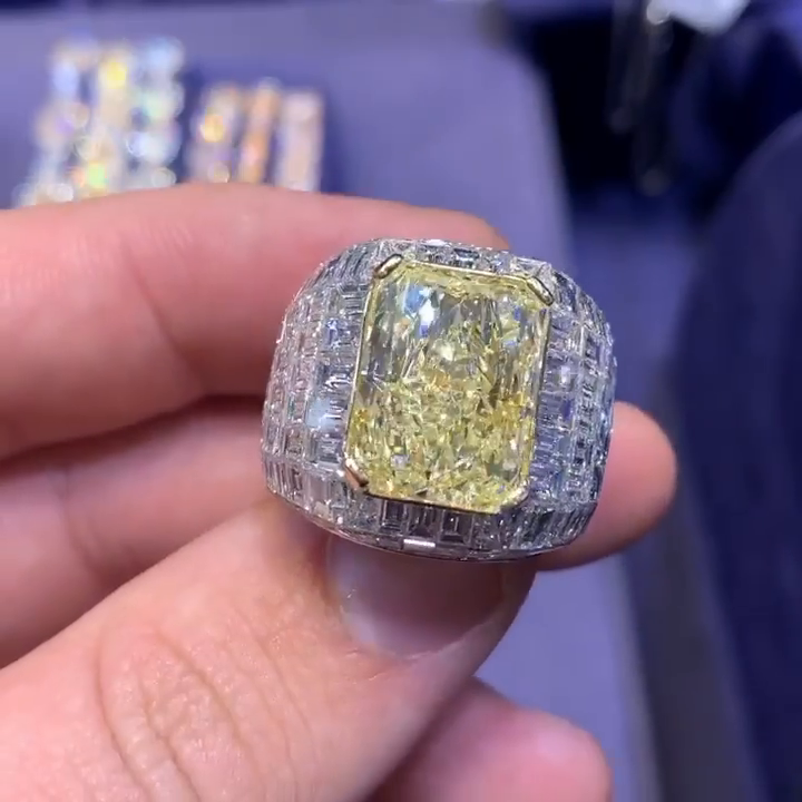 12ct Radiant Cut Yellow Sapphire With Invisible White Sapphires Setting Handmade Men's Ring