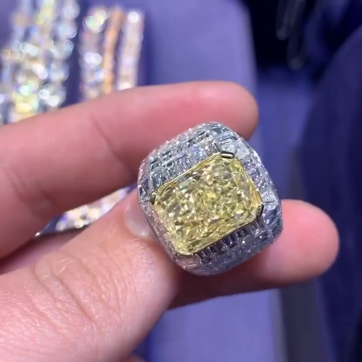 12ct Radiant Cut Yellow Sapphire With Invisible White Sapphires Setting Handmade Men's Ring