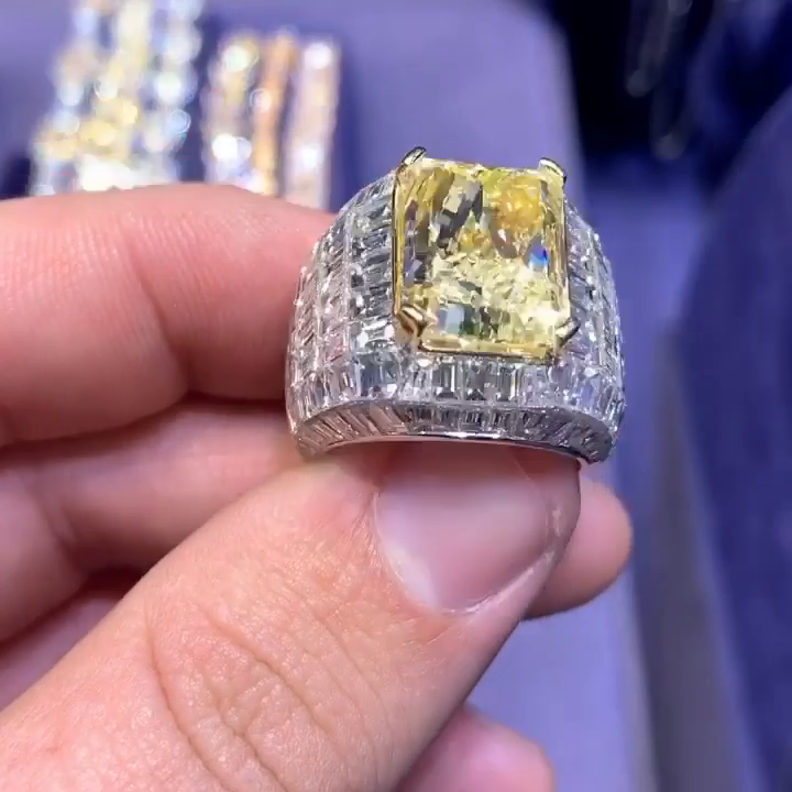 12ct Radiant Cut Yellow Sapphire With Invisible White Sapphires Setting Handmade Men's Ring