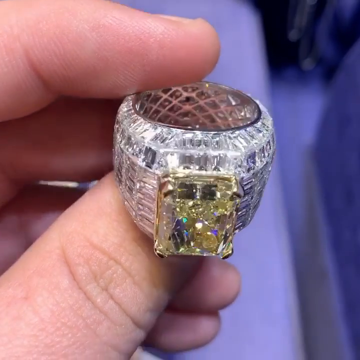 12ct Radiant Cut Yellow Sapphire With Invisible White Sapphires Setting Handmade Men's Ring