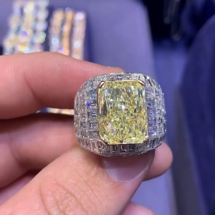 12ct Radiant Cut Yellow Sapphire With Invisible White Sapphires Setting Handmade Men's Ring