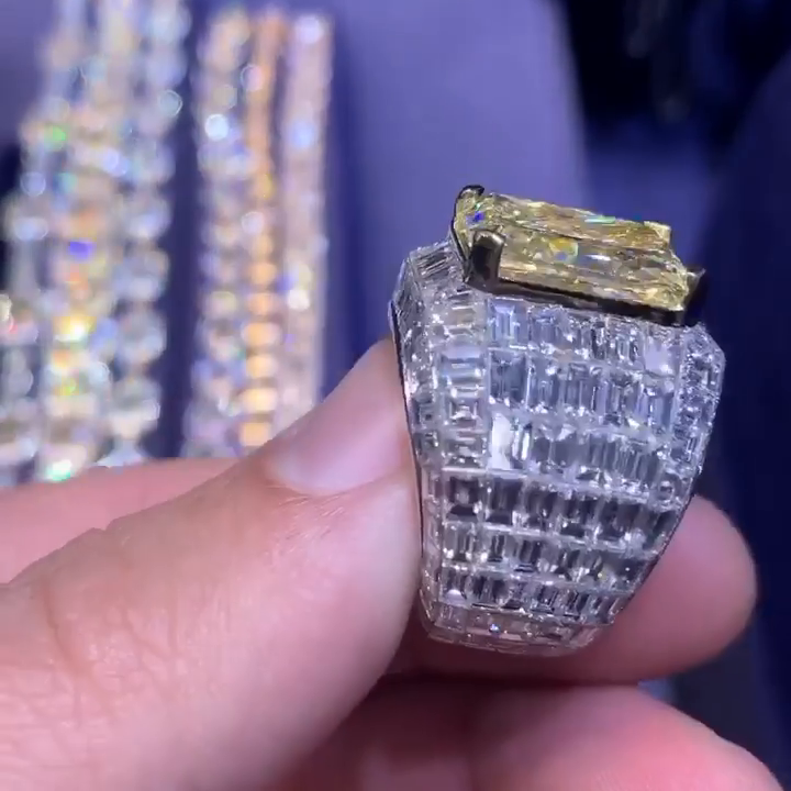 12ct Radiant Cut Yellow Sapphire With Invisible White Sapphires Setting Handmade Men's Ring