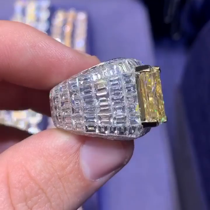 12ct Radiant Cut Yellow Sapphire With Invisible White Sapphires Setting Handmade Men's Ring