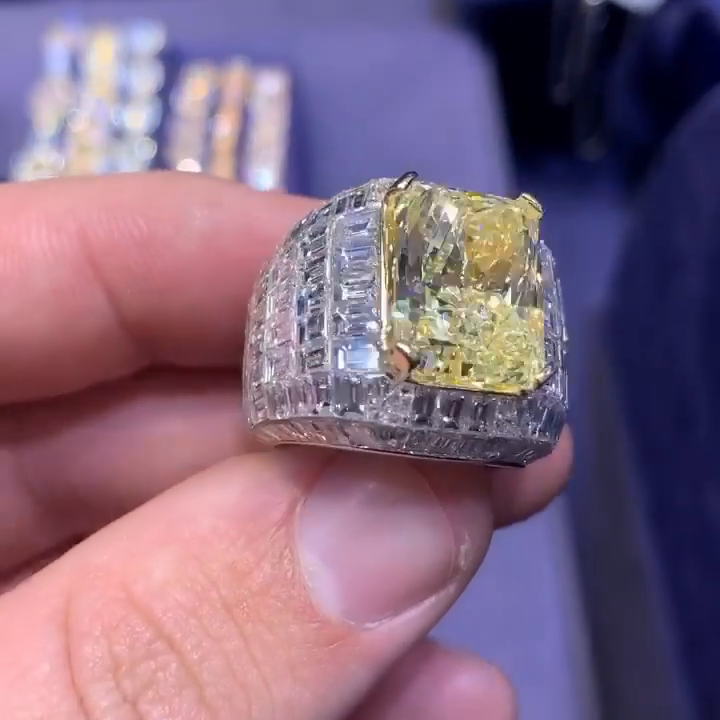 12ct Radiant Cut Yellow Sapphire With Invisible White Sapphires Setting Handmade Men's Ring